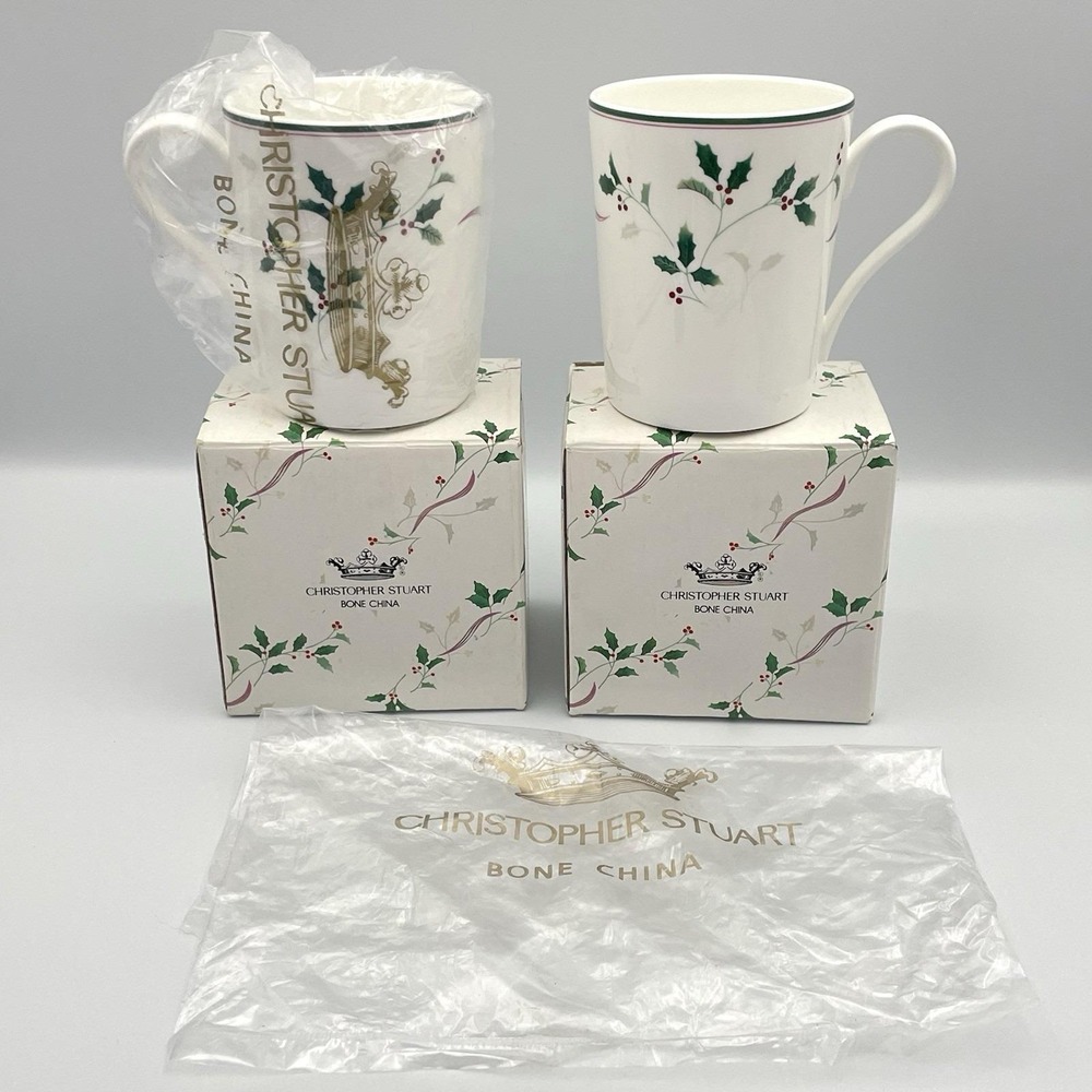 Vintage 1990s‎ Christopher Stuart Holiday Splendor Bone China Mugs Set of 2 NEW